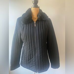 Braetan Sz M Black Quilted Puffer Women’s Jacket with Rabbit Fur Collar